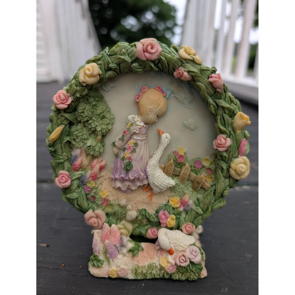 Vintage 3D sculpted resin wreath rare girl in flower garden and goose 1990s